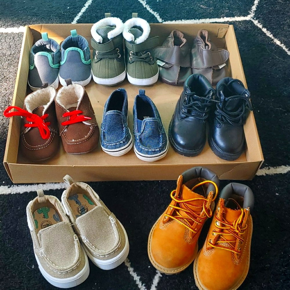 Lot of baby boy shoes, range from 0-3mo to size 4